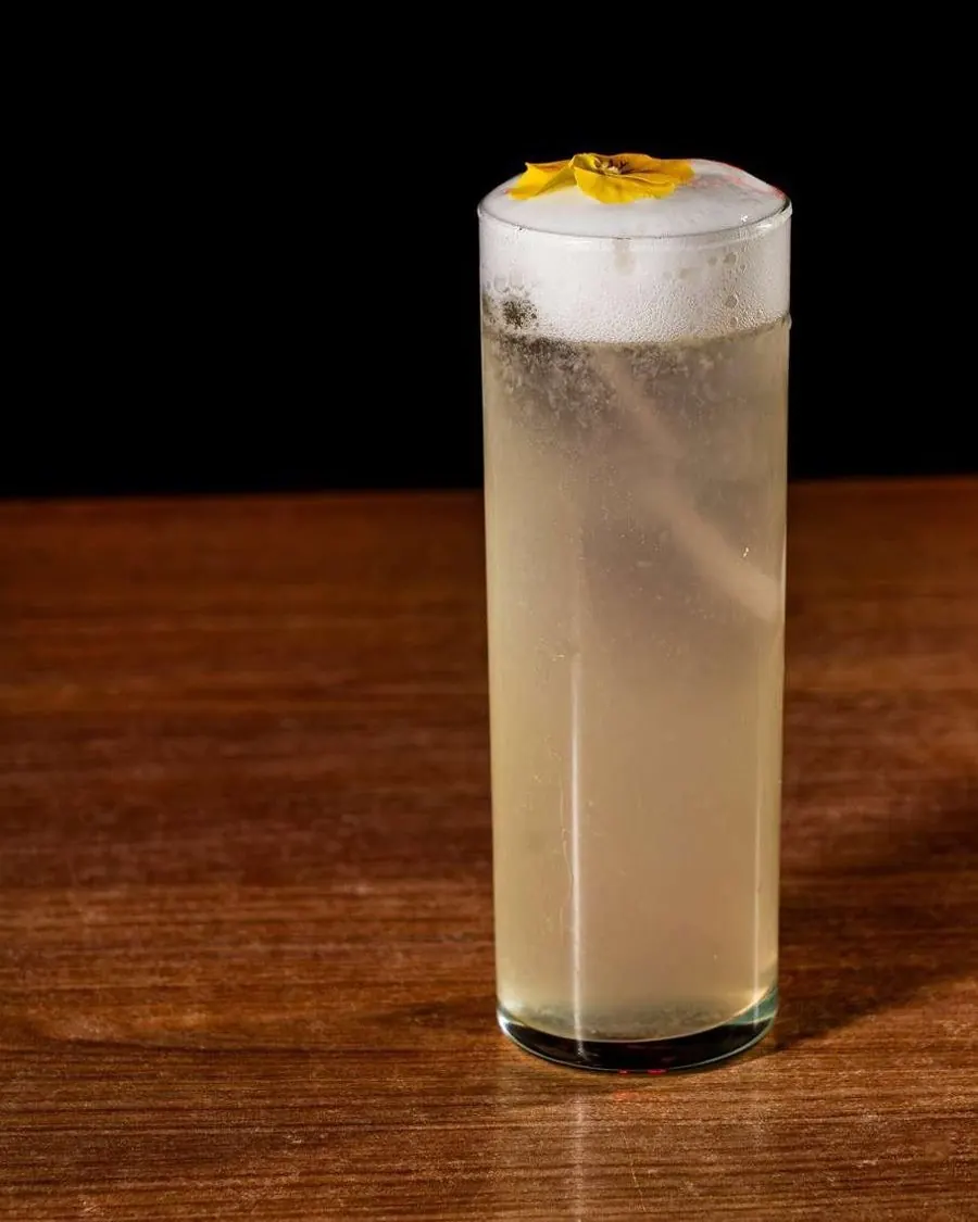 Cóctel Andina Soul de pisco con espuma de cítricos en vaso largo