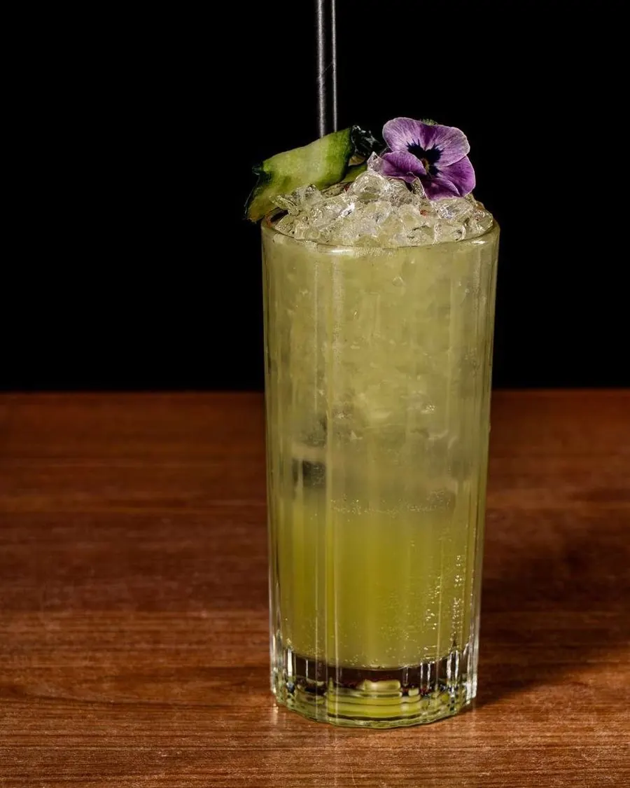 Cóctel Gin&Fresh verde con pepino, hielo picado y flor comestible